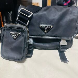Prada Black Nylon Messenger Bag with Front Pouch